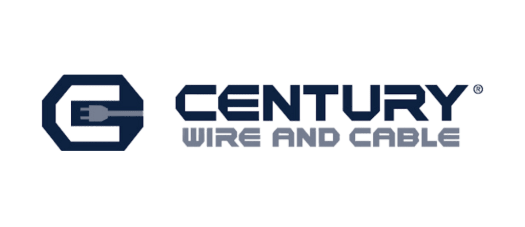 High-quality Century Wire and Cable logo with a hexagonal emblem featuring an electrical plug, emphasizing electrical wiring, cable manufacturing, and innovative electrical solutions.