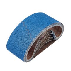 Durable blue abrasive sanding tape roll for industrial and woodworking surface finishing and polishing applications.