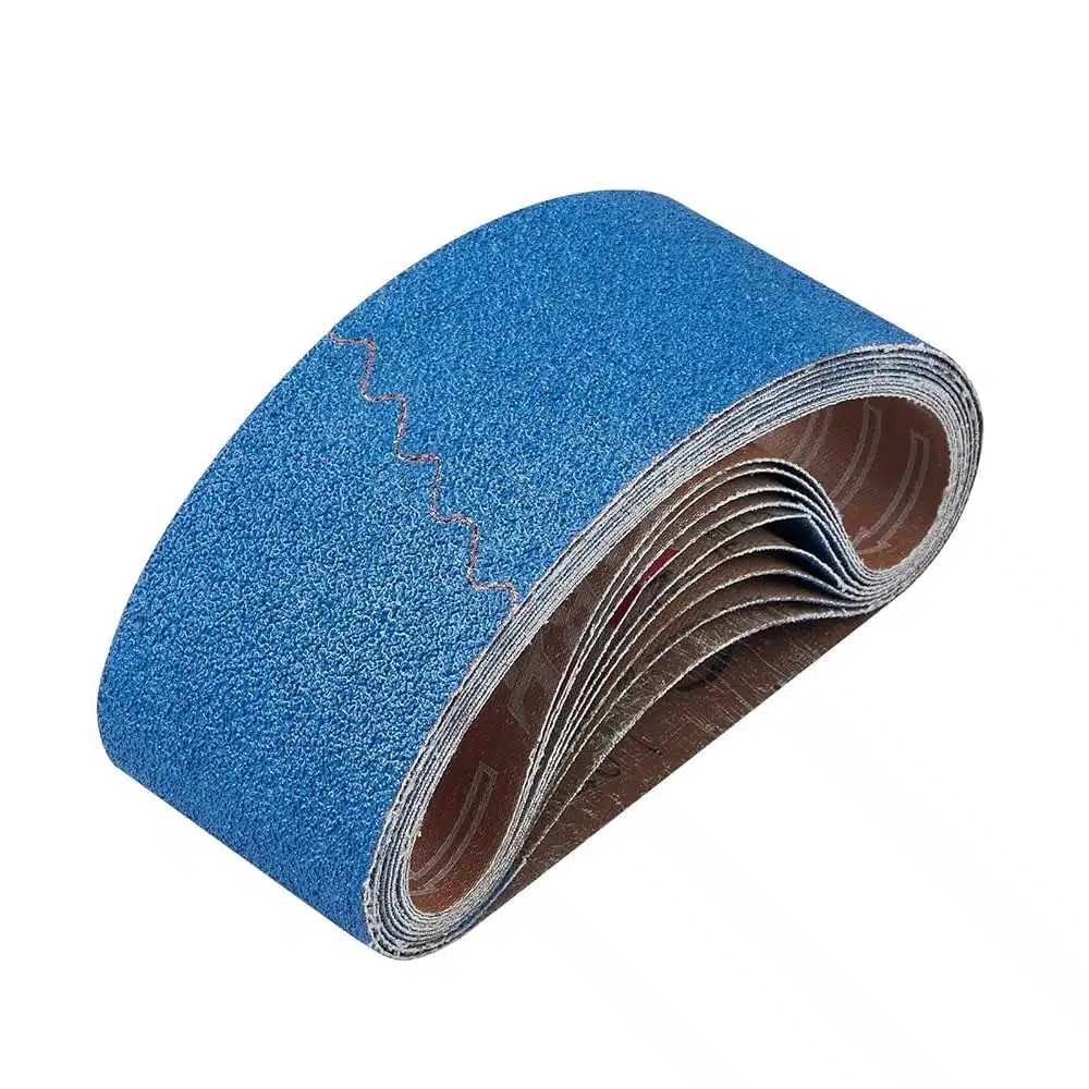 Durable blue abrasive sanding tape roll for industrial and woodworking surface finishing and polishing applications.