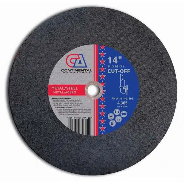 Cut-off metal and steel abrasive disc for angle grinders, 14-inch size, designed for cutting through metal and steel surfaces with precision and safety. Ideal for industrial and DIY applications.