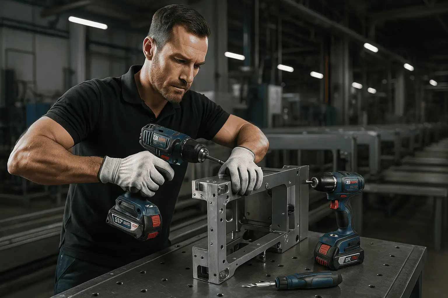 Worker drilling metal frame in factory