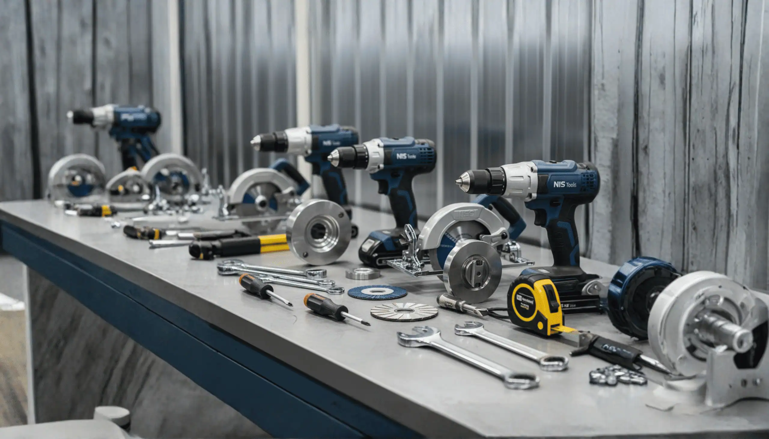 Workshop table with drills and mechanical tools